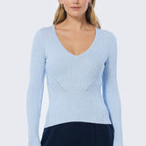 V Neck Long Sleeve Ribbed Top - Sky Blue Marl