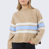 Mock Neck Knit Jumper - Tan & Sky Blue Stripe