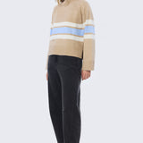 Mock Neck Knit Jumper - Tan & Sky Blue Stripe