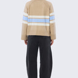 Mock Neck Knit Jumper - Tan & Sky Blue Stripe