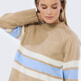 Mock Neck Knit Jumper - Tan & Sky Blue Stripe