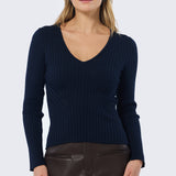 V Neck Long Sleeve Ribbed Top - Navy