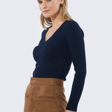 V Neck Long Sleeve Ribbed Top - Navy