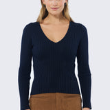 V Neck Long Sleeve Ribbed Top - Navy