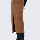 Vegan Suede Straight Skirt - Camel