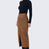 Vegan Suede Straight Skirt - Camel