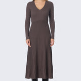 V Neck Ribbed Knit Dress - Fudge