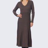V Neck Ribbed Knit Dress - Fudge