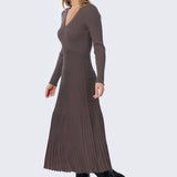 V Neck Ribbed Knit Dress - Fudge