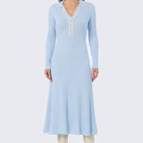 Half Placket Long Sleeve Knit Dress - Sky Blue