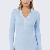 Half Placket Long Sleeve Knit Dress - Sky Blue