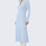 Half Placket Long Sleeve Knit Dress - Sky Blue