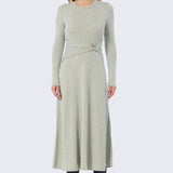 Buckle Gathered Midi Dress - Sage Marl