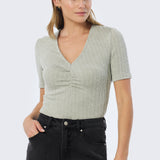 Gathered V Neck Top - Sage Marl