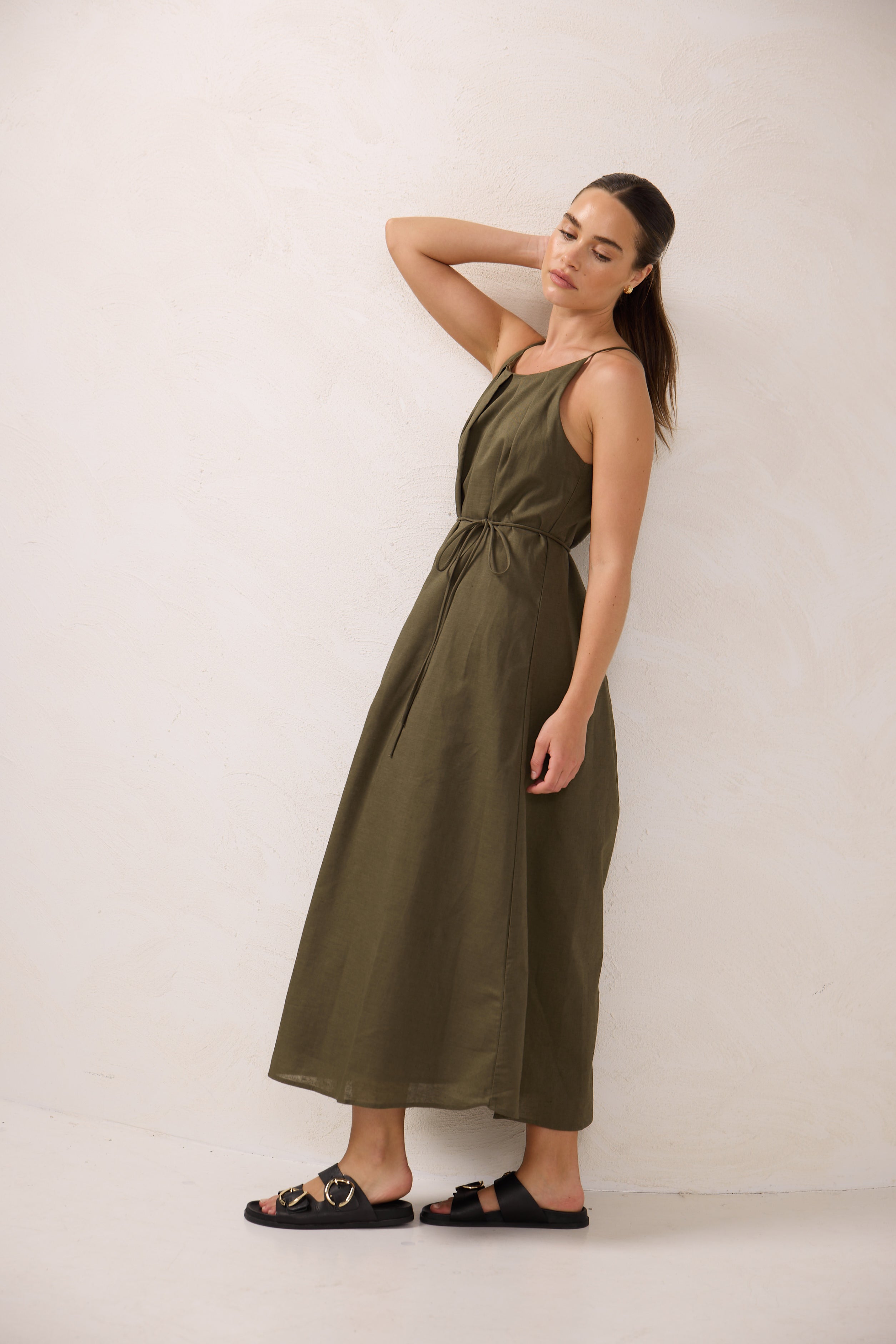 Pleat Neck Midi Dress - Khaki – Serafina