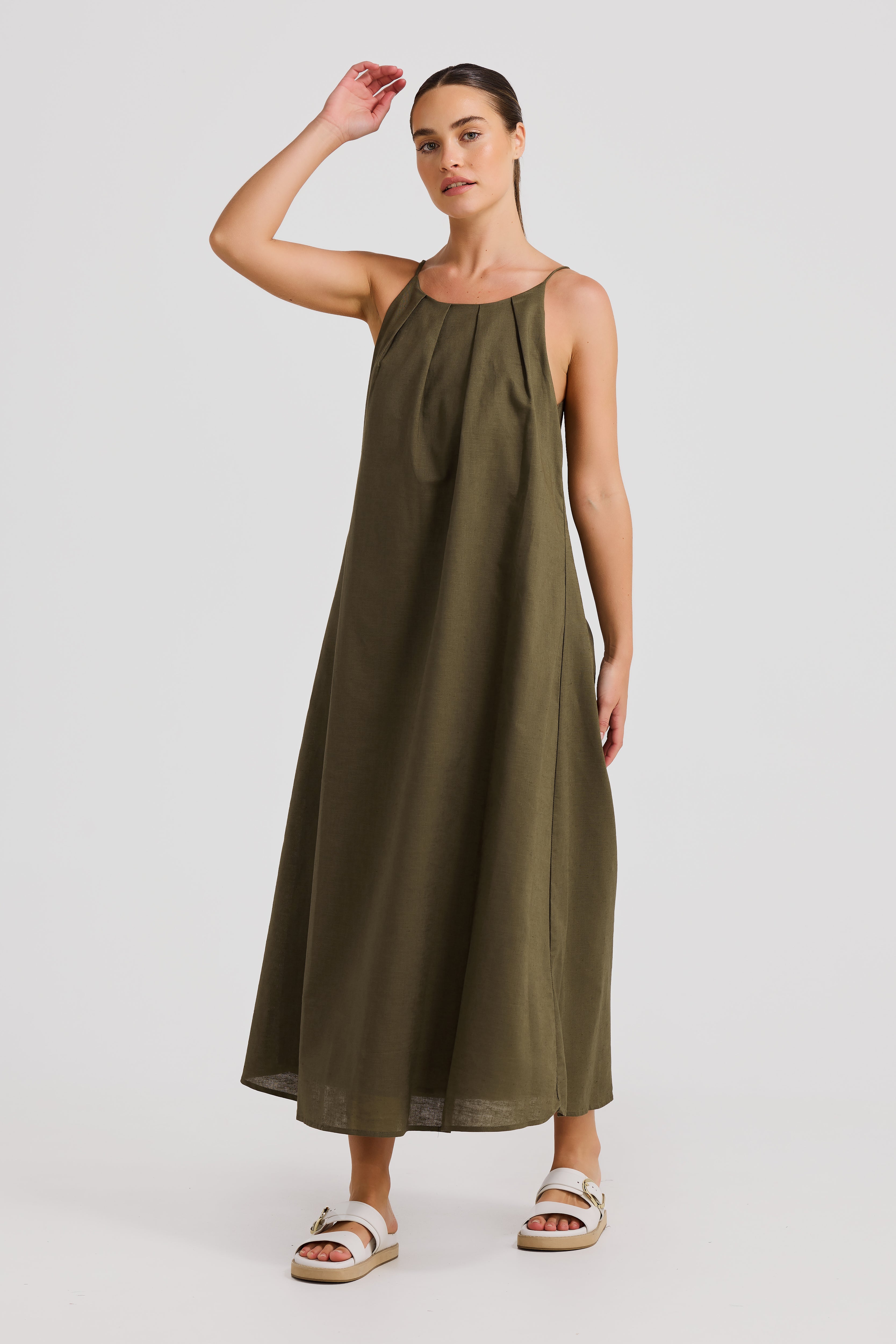 Pleat Neck Midi Dress - Khaki – Serafina