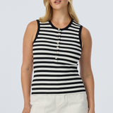 Half Placket Ribbed Tank - Black/White Stripe (Pre Order)