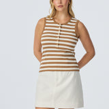 Half Placket Ribbed Tank - Biscotti/White Stripe (Pre Order)