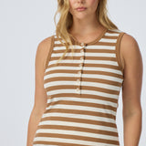 Half Placket Ribbed Tank - Biscotti/White Stripe (Pre Order)