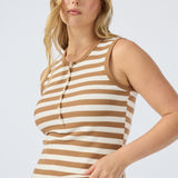 Half Placket Ribbed Tank - Biscotti/White Stripe (Pre Order)