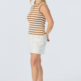 Half Placket Ribbed Tank - Biscotti/White Stripe (Pre Order)