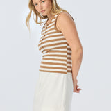 Half Placket Ribbed Tank - Biscotti/White Stripe (Pre Order)