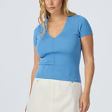 V Neck Short Sleeve Knit Top - Azure Blue (Pre Order)