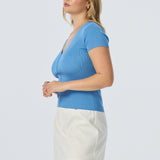 V Neck Short Sleeve Knit Top - Azure Blue (Pre Order)