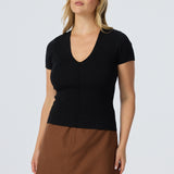 V Neck Short Sleeve Knit Top - Black