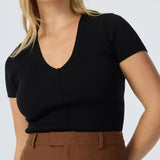 V Neck Short Sleeve Knit Top - Black