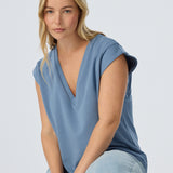 V Neck Cap Sleeve Jersey Tank - Steel Blue