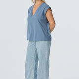 V Neck Cap Sleeve Jersey Tank - Steel Blue