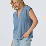 V Neck Cap Sleeve Jersey Tank - Steel Blue
