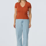 V Neck Short Sleeve Knit Top - Terracotta