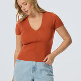 V Neck Short Sleeve Knit Top - Terracotta