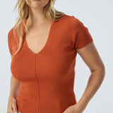 V Neck Short Sleeve Knit Top - Terracotta