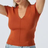 V Neck Short Sleeve Knit Top - Terracotta