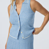 Sleeveless Buttoned Knit Top - Azure Blue Marl (Pre Order)