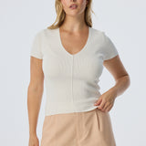 V Neck Short Sleeve Knit Top - White
