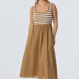 Square Neck Gathered Dress - Biscotti/White Stripe (Pre Order)