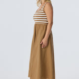 Square Neck Gathered Dress - Biscotti/White Stripe (Pre Order)