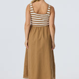 Square Neck Gathered Dress - Biscotti/White Stripe (Pre Order)