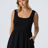 Square Neck Gathered Dress - Black (Pre Order)