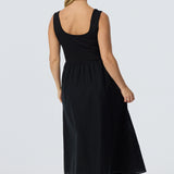 Square Neck Gathered Dress - Black (Pre Order)
