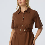 Elastic Waist Shirt Dress - Walnut