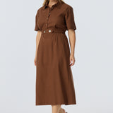 Elastic Waist Shirt Dress - Walnut