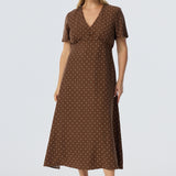 V Neck Short Sleeve Dress - Walnut/White Spot (Pre Order)