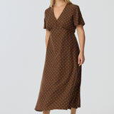 V Neck Short Sleeve Dress - Walnut/White Spot (Pre Order)