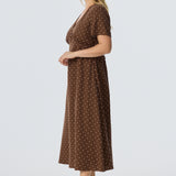 V Neck Short Sleeve Dress - Walnut/White Spot (Pre Order)