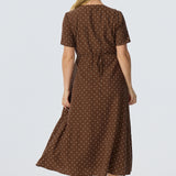 V Neck Short Sleeve Dress - Walnut/White Spot (Pre Order)
